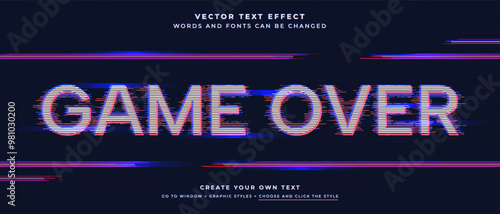 Game over glitch text effect on blue monitor background, old television vector graphic style