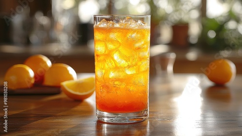 Refreshing orange drink with ice served in a tall glass, surrounded by fresh oranges on a wooden table