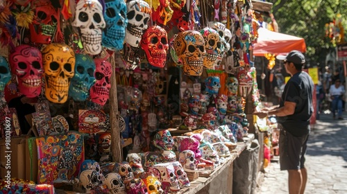 A street vendor selling Day of the Dead-themed crafts and decorations.