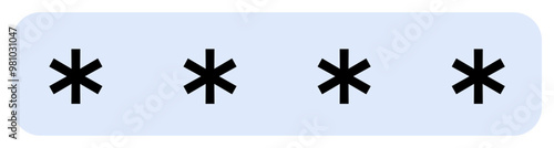 Four black asterisks are evenly spaced inside a rounded blue rectangle. Ideal for digital security, password representation, login interfaces, data protection, cryptographic themes. Simple and modern