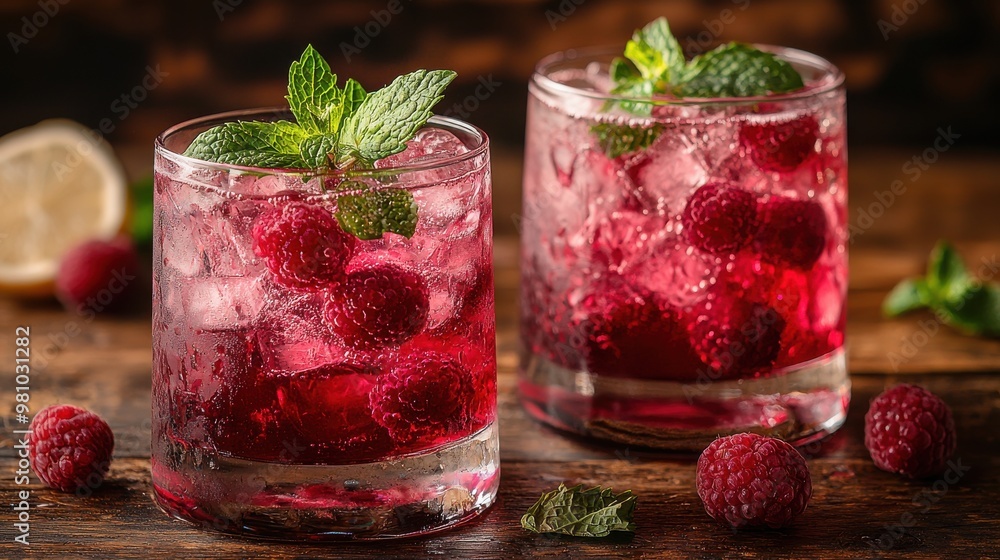 Refreshing raspberry beverages served over ice with mint leaves in a rustic setting on a wooden table during summer Refreshing raspberry beverages served over ice with mint leaves in a rustic setting on a wooden table during summer