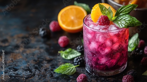 Refreshing mixed berry cocktail with raspberries, blackberries, and mint on a textured stone surface in natural light