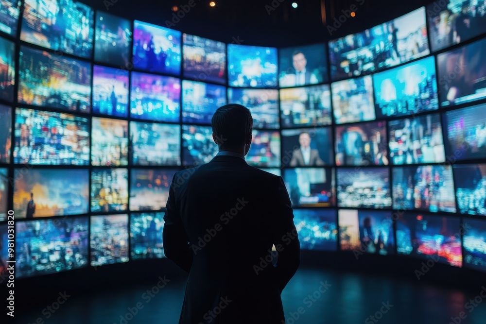 A man in a suit stands and watches television on a large screen wall with multiple screens, against a media news background. A man in a suit stands and watches television on a large screen wall with multiple screens, against a media news background.