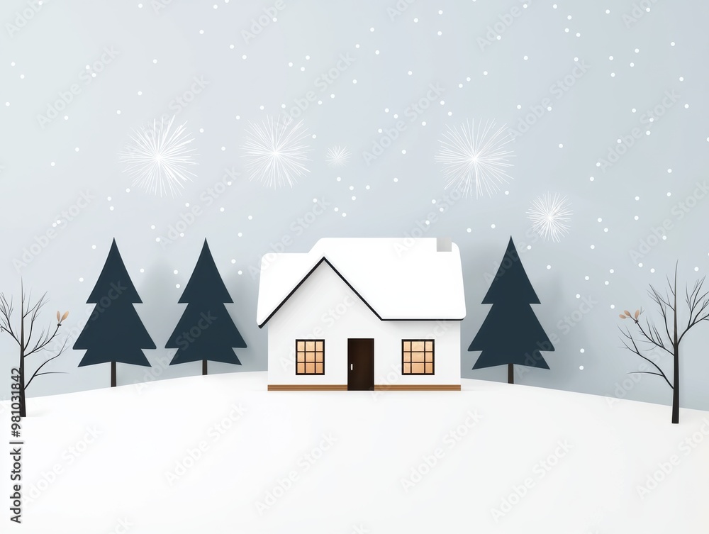 A cozy winter scene featuring a snow-covered house surrounded by pine trees and gentle snowfall. A cozy winter scene featuring a snow-covered house surrounded by pine trees and gentle snowfall.