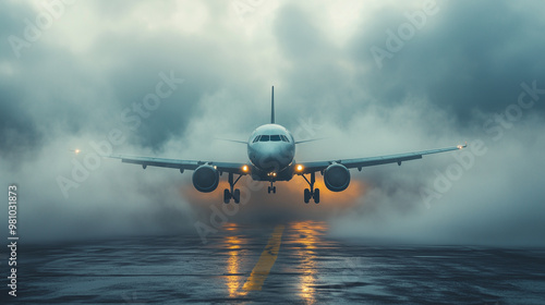 A commercial airplane is seen taking off from runway, surrounded by dramatic fog and clouds, creating sense of adventure and anticipation photo