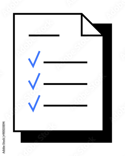 Simple document with three blue checkmarks and lines. Ideal for task lists, project management, organization, planning, and productivity. Minimalist, clean, modern.