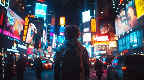 A person standing on a busy city street at night, surrounded by flashing neon signs, honking cars, and crowds of people, overwhelmed by the sensory overload.