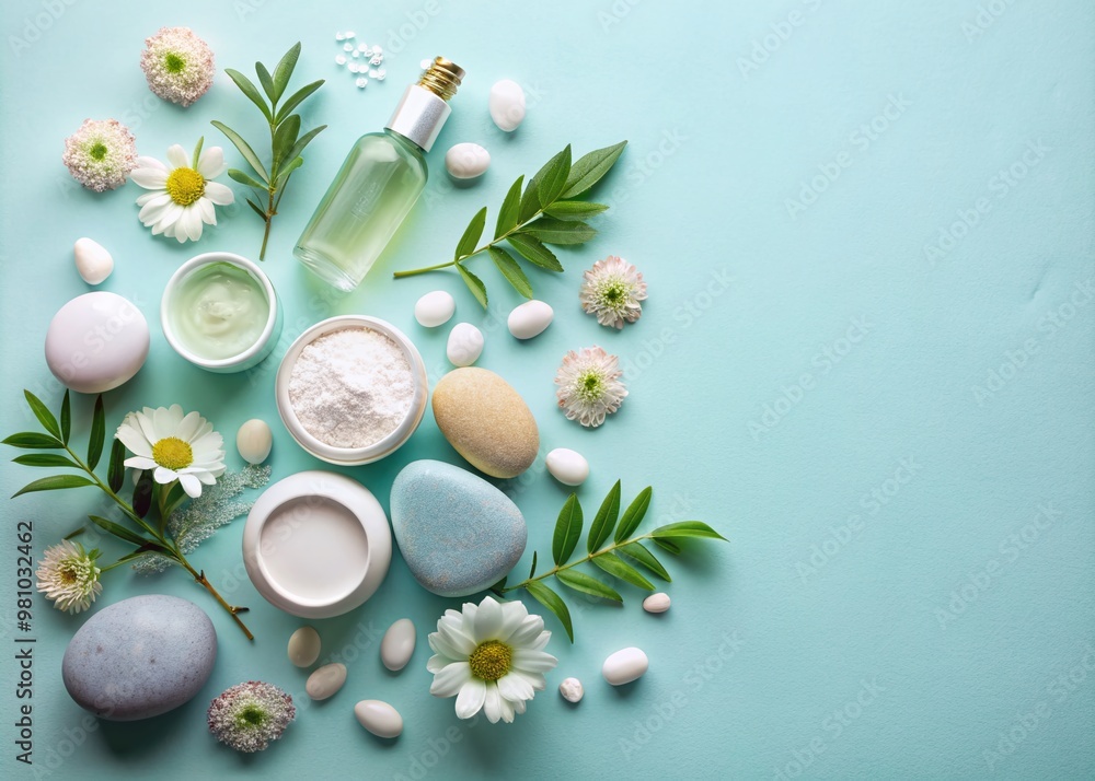 Soothing flat lay arrangement of plant-based skincare products, pebbles, and flowers scattered on a soft pastel blue background, evoking serenity and natural beauty. Soothing flat lay arrangement of plant-based skincare products, pebbles, and flowers scattered on a soft pastel blue background, evoking serenity and natural beauty.