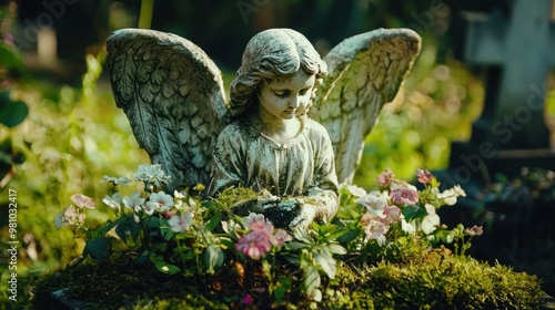 A vintage angel statue with open wings, surrounded by moss and flowers in an old cemetery, captured from a low angle. photo