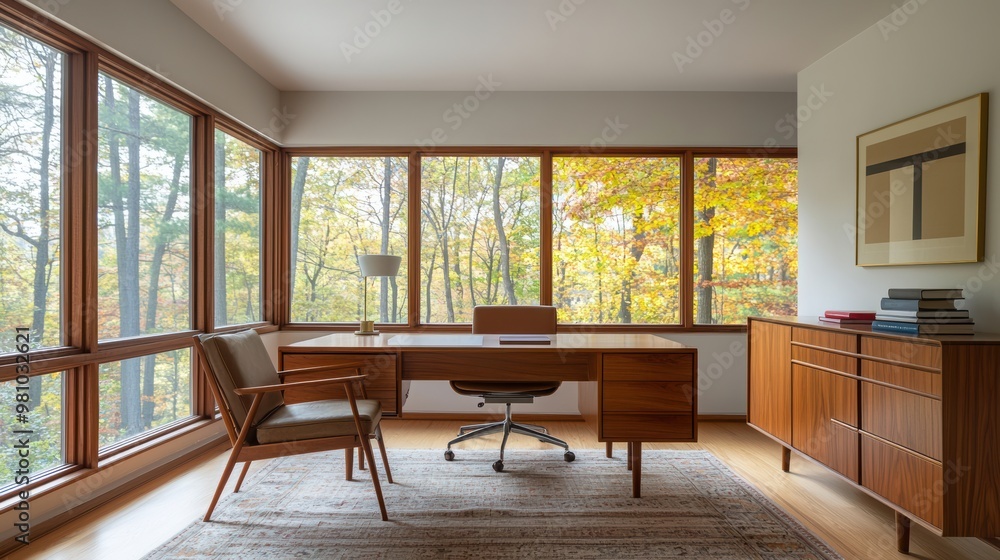 Bright and modern workspace with wooden furniture, large windows displaying autumn scenery in a serene natural setting. Bright and modern workspace with wooden furniture, large windows displaying autumn scenery in a serene natural setting.