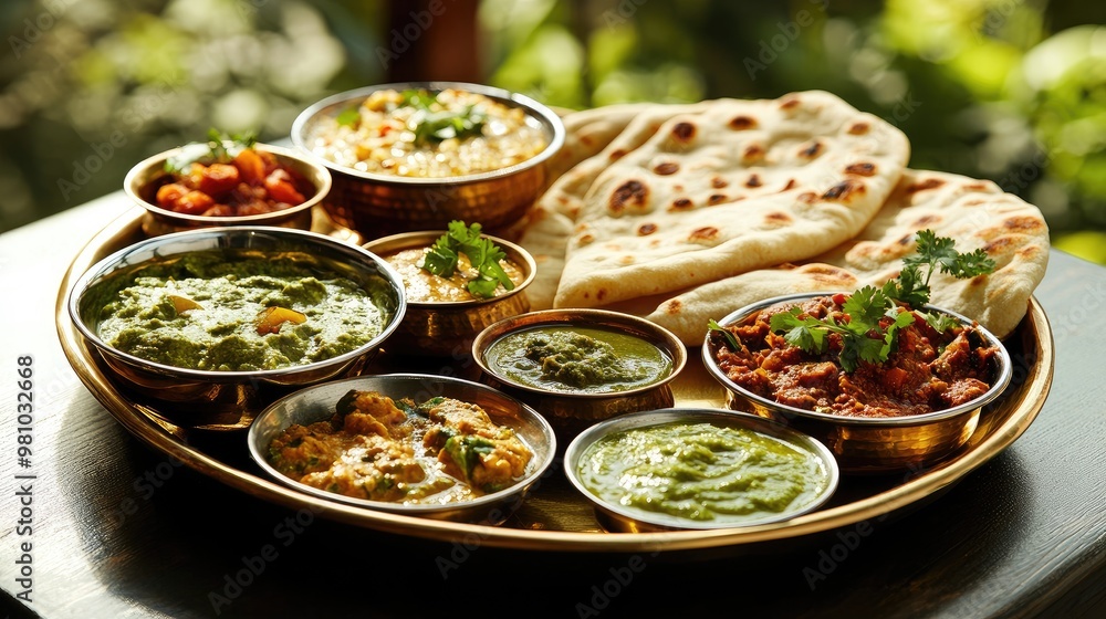 A vibrant spread of Indian curries, naan, and chutneys served on a traditional brass plate, showcasing the depth of Indian flavors. A vibrant spread of Indian curries, naan, and chutneys served on a traditional brass plate, showcasing the depth of Indian flavors.