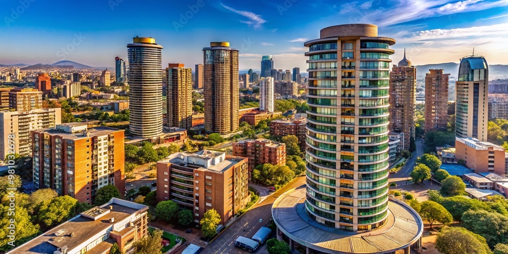 Fototapeta premium Urban high-rise apartments with distinctive cylindrical design, surrounded by vibrant cityscape, bustling streets, and