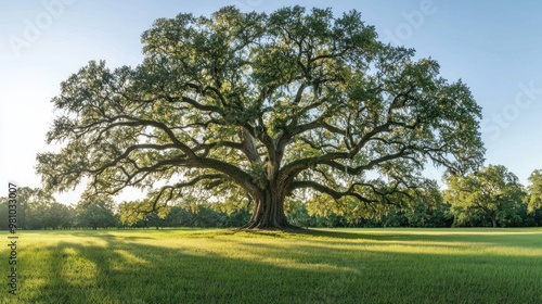 A wide-angle shot of the Angel Oak tree in South Carolina, its massive branches extending across a grassy field, under a clear sky. photo