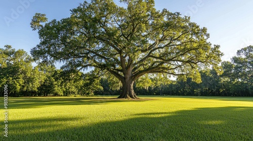 A wide-angle shot of the Angel Oak tree in South Carolina, its massive branches extending across a grassy field, under a clear sky. photo