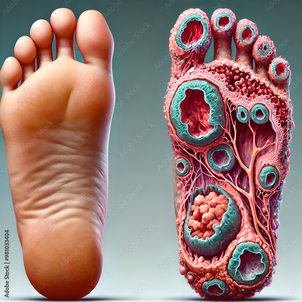 Sulcus In Foot Ilustrace „Foot anatomy: diabetic foot ulcer developing on the sole of ...