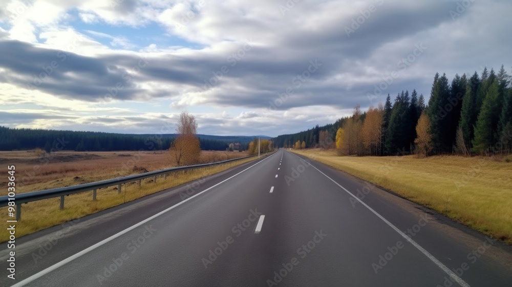 Obraz premium Open Road Ahead: A scenic highway stretches into the distance, bordered by vibrant autumn foliage and a cloudy sky. The road is a symbol of journey, exploration, and the unknown. 
