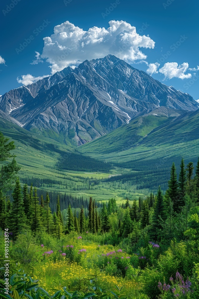Obraz premium Majestic Mountain Vista: Towering peaks meet vibrant valleys in a breathtaking display of nature's grandeur. 