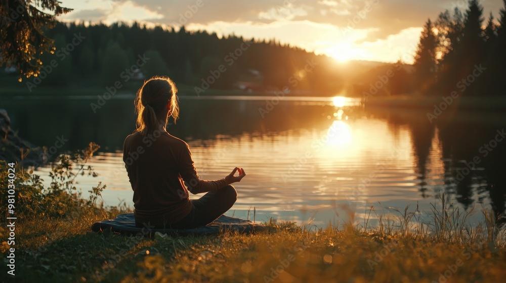 A woman meditating by a calm lake during sunset. A woman meditating by a calm lake during sunset.