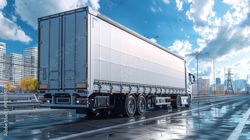 Urban Delivery After the Rain: A white semi-truck navigates a rain-slicked highway, city skyline in the background, embodying the essence of modern logistics and urban supply chains. 