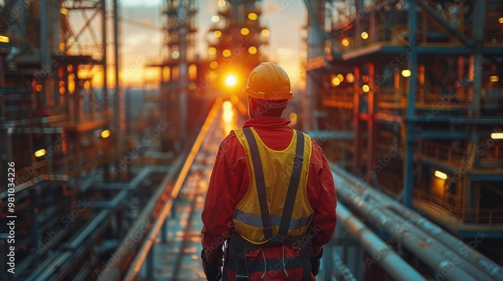 Industrial Sunset: A lone worker, silhouetted against a fiery sunset, walks towards the horizon on a catwalk at an oil refinery. The image captures the hard work and dedication of those who keep our i Industrial Sunset: A lone worker, silhouetted against a fiery sunset, walks towards the horizon on a catwalk at an oil refinery. The image captures the hard work and dedication of those who keep our i