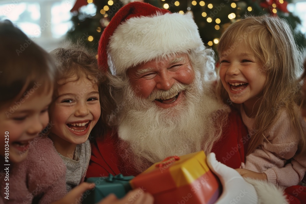 A joyful Santa Claus surrounded by three delighted children, all laughing and sharing beautifully wrapped gifts in a festive and warmly lit holiday setting. A joyful Santa Claus surrounded by three delighted children, all laughing and sharing beautifully wrapped gifts in a festive and warmly lit holiday setting.