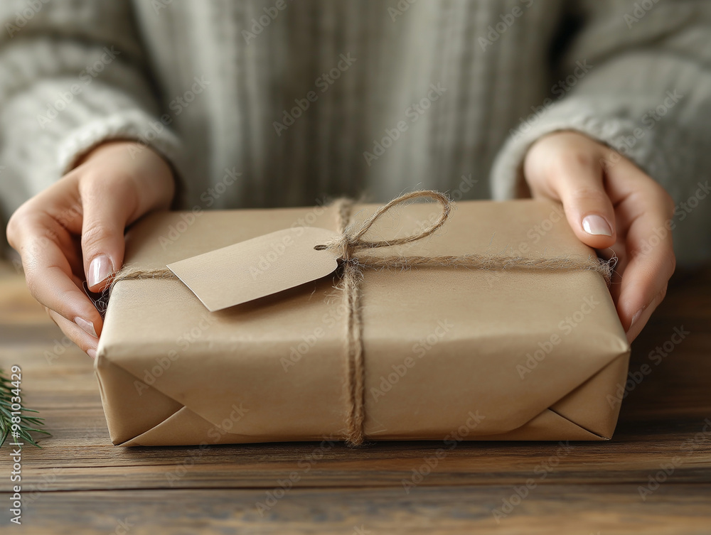 Fototapeta premium Hands Wrapping Gift with Brown Paper and Adding Label
