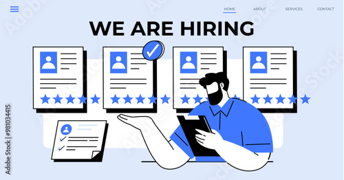 A hiring manager evaluates multiple job applications, symbolized by resumes with star ratings. Suitability is indicated by an approved checkmark. Ideal for HR, recruitment, job search, candidate