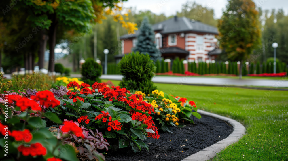 Vibrant flower bed with red and yellow flowers in a beautifully landscaped garden in front of a luxury house on a rainy day. Vibrant flower bed with red and yellow flowers in a beautifully landscaped garden in front of a luxury house on a rainy day.
