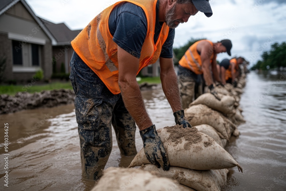 A team of people work together building a sandbag barrier on a flooded street, showcasing teamwork, determination, and the collective effort to prevent further flooding and protect homes. A team of people work together building a sandbag barrier on a flooded street, showcasing teamwork, determination, and the collective effort to prevent further flooding and protect homes.