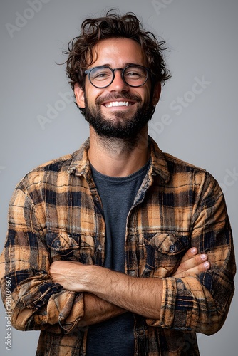 Smiling bearded man in glasses with casual plaid shirt on gray background