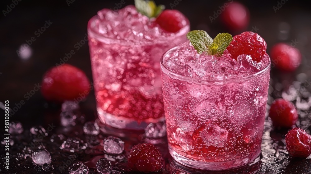 Refreshing raspberry soda served in clear glasses with ice and mint leaves, captured in a stylish indoor setting Refreshing raspberry soda served in clear glasses with ice and mint leaves, captured in a stylish indoor setting