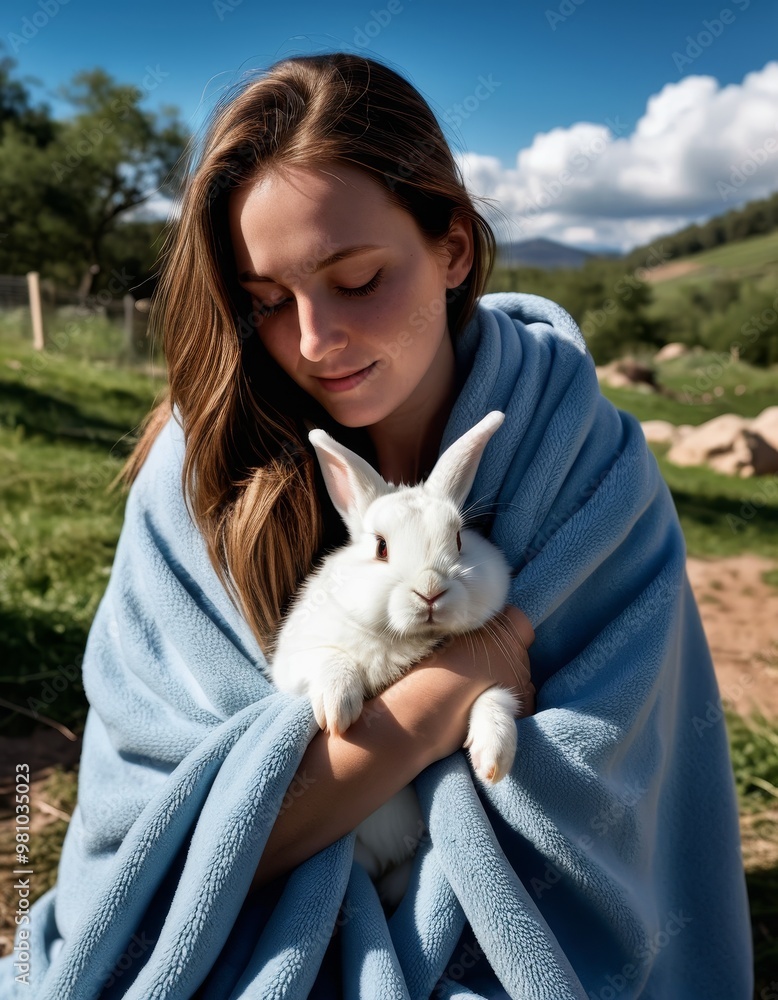 Person Cuddling a Rescued Rabbit in a Sanctuary, Wrapped in a Soft Blanket, animal empath Person Cuddling a Rescued Rabbit in a Sanctuary, Wrapped in a Soft Blanket, animal empath