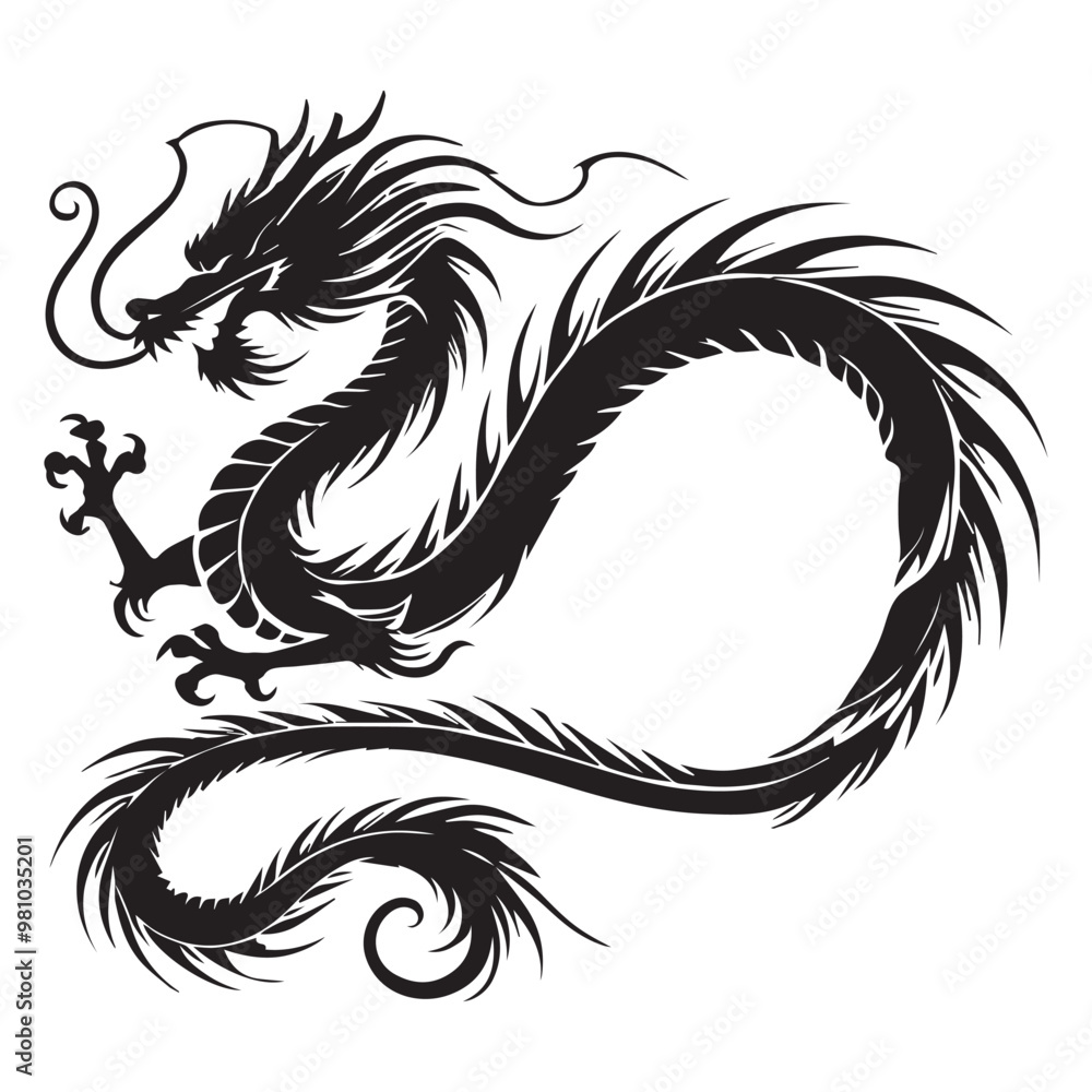 Fototapeta premium Dragon vector in black and white - Dragon Silhouette Clipart 