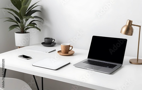 A clean, modern desk setup with a laptop, coffee cup, and minimal décor in the bottom left corner. The rest of the image is white space, perfect for text.