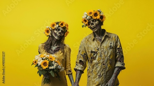 A zombie couple holding hands with each wearing matching floral wreaths made of sunflowers and daisies, smiling happily at each other on a sunny yellow background.