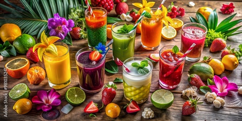 Colorful tropical cocktails and fresh juices, garnished with exotic fruits and flowers, beautifully arranged on a wooden table in a stunning flat lay design.