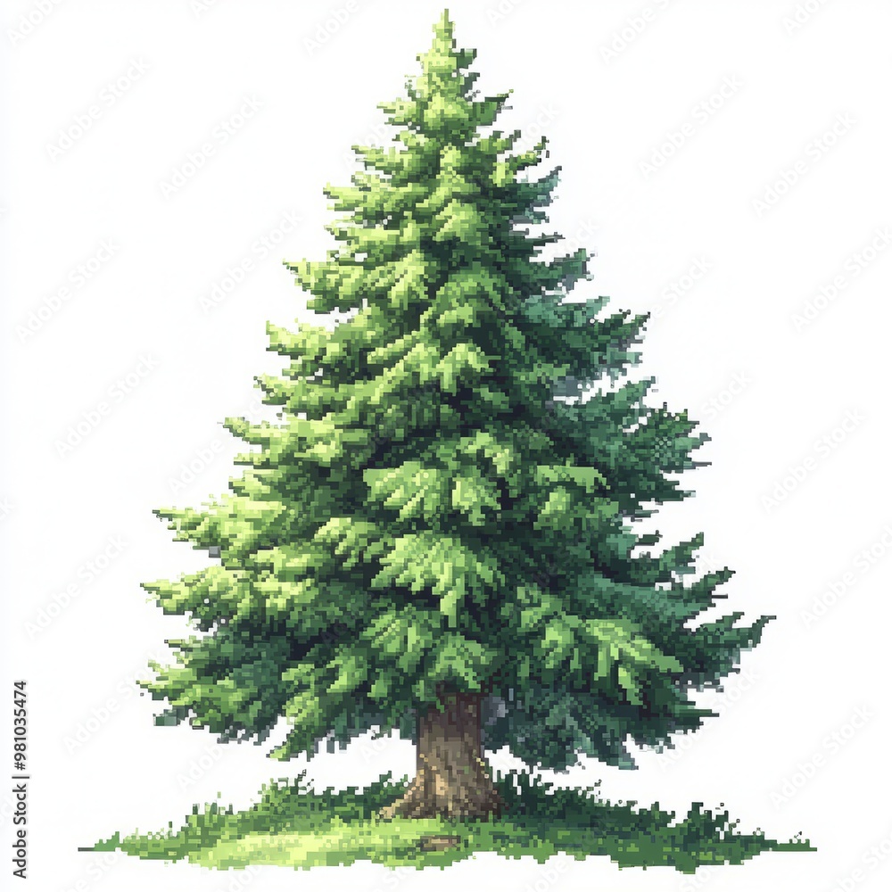 Fototapeta premium Lush Green Pine Tree with Detailed Branches Isolated Pixel Art
