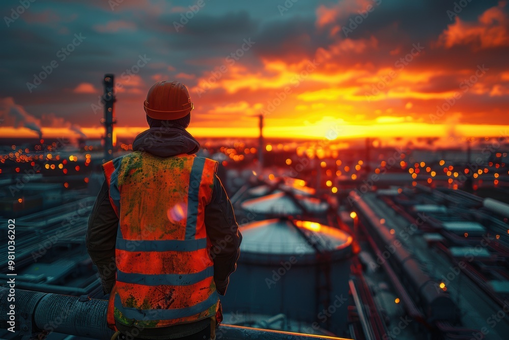 Industrial Sunset: A lone worker stands on a platform overlooking a sprawling industrial complex, silhouetted against a fiery sunset. The image evokes a sense of solitude, perseverance, and the enduri Industrial Sunset: A lone worker stands on a platform overlooking a sprawling industrial complex, silhouetted against a fiery sunset. The image evokes a sense of solitude, perseverance, and the enduri