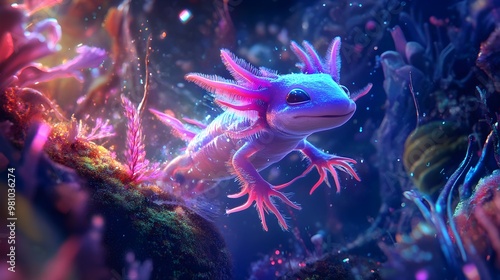 Whimsical Axolotl Exploring Vibrant Virtual Reality Landscape with Bioluminescent Tendrils