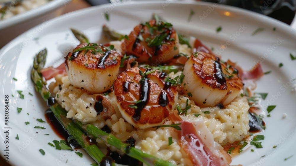 Seared scallops served over a bed of creamy risotto, garnished with crispy prosciutto and a drizzle of balsamic glaze, accompanied by a side of roasted asparagus and a sprinkle of chopped parsley Seared scallops served over a bed of creamy risotto, garnished with crispy prosciutto and a drizzle of balsamic glaze, accompanied by a side of roasted asparagus and a sprinkle of chopped parsley