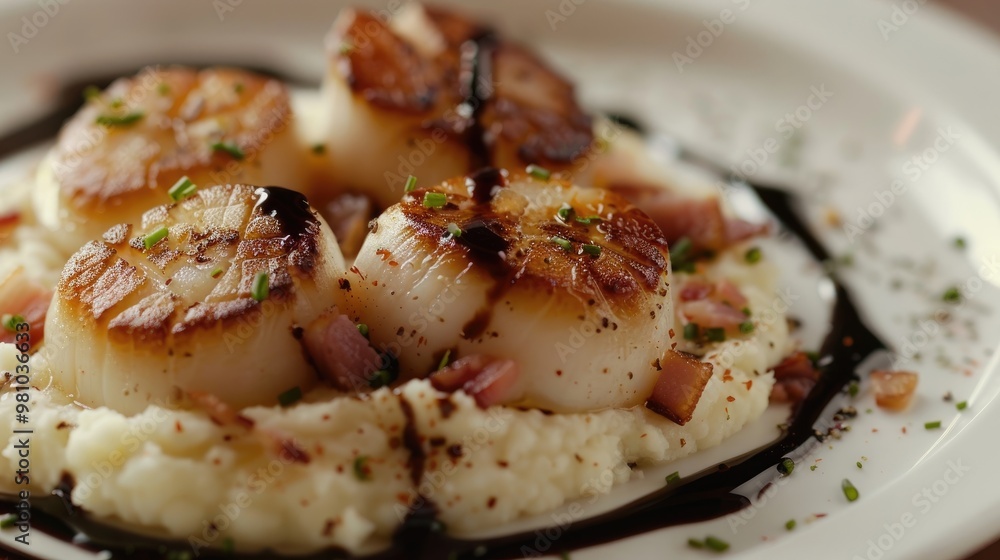 Seared scallops with a smooth cauliflower puree, crispy pancetta, and a drizzle of balsamic reduction. Seared scallops with a smooth cauliflower puree, crispy pancetta, and a drizzle of balsamic reduction.