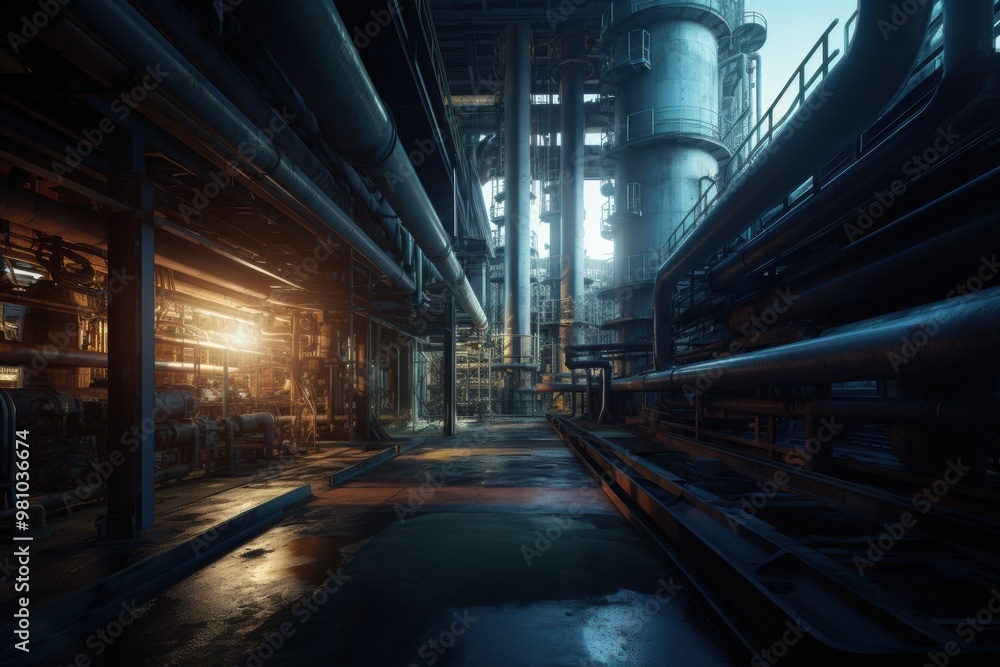 Industrial Labyrinth: A maze of pipes and steel bathed in the warm glow of sunset at an imposing factory. Industrial Labyrinth: A maze of pipes and steel bathed in the warm glow of sunset at an imposing factory.