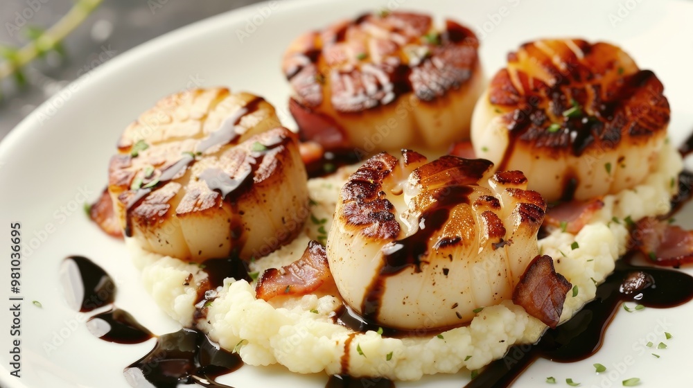 Seared scallops with a smooth cauliflower puree, crispy pancetta, and a drizzle of balsamic reduction. Seared scallops with a smooth cauliflower puree, crispy pancetta, and a drizzle of balsamic reduction.