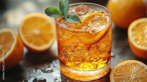 Refreshing citrus cocktail garnished with a sprig of mint, featuring sliced oranges on a wooden table during bright daylight