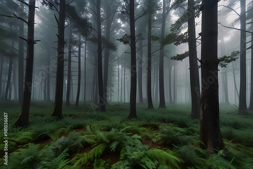 beautiful forest landscape, misty morning, scenic nature with fog Generative AI