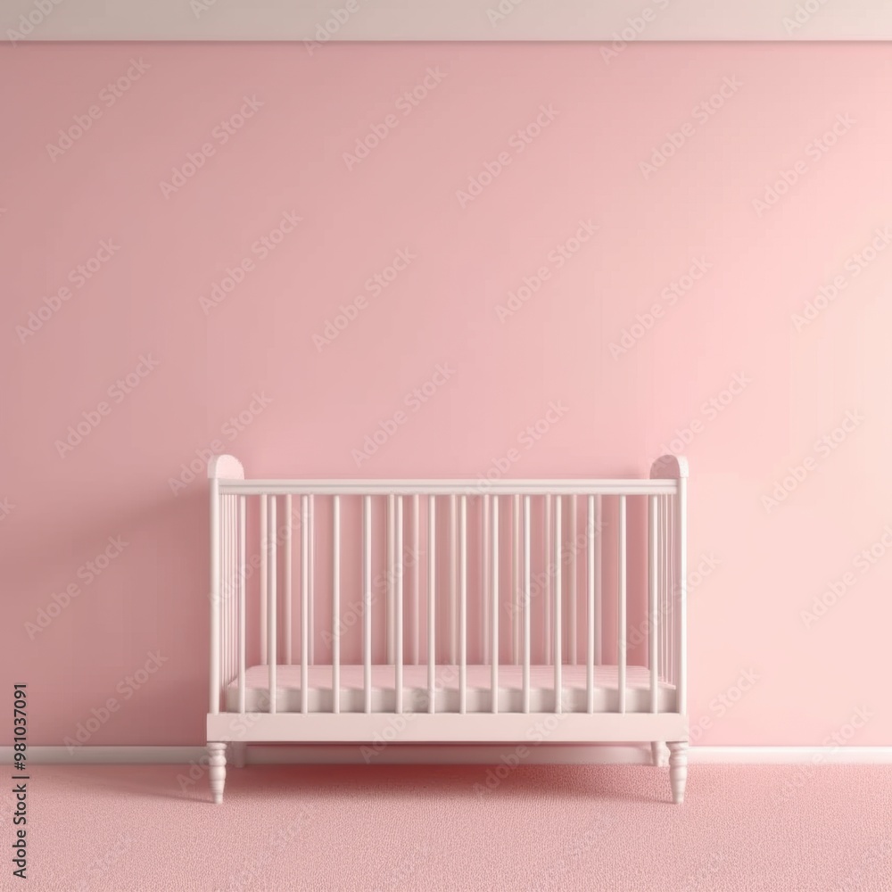 Pink Nursery: A minimalist and serene nursery with a white crib against a soft pink wall. The simple yet elegant design creates a calming atmosphere for a newborn baby. Pink Nursery: A minimalist and serene nursery with a white crib against a soft pink wall. The simple yet elegant design creates a calming atmosphere for a newborn baby.