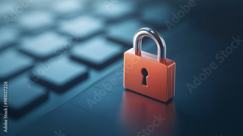 A digital padlock symbolizes online security and data protection, resting on keyboard, representing importance of safeguarding information in digital age.