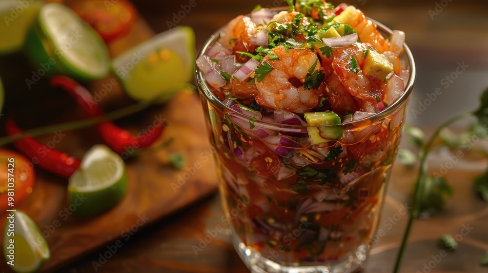 Spicy Mexican shrimp cocktail with diced onions, tomatoes, and avocado. Spicy Mexican shrimp cocktail with diced onions, tomatoes, and avocado.