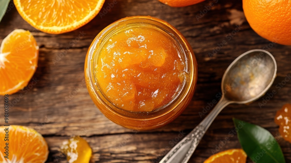Orange Jam. Top View of Homemade Sweet Orange Berry Jam in Jar with Spoon Orange Jam. Top View of Homemade Sweet Orange Berry Jam in Jar with Spoon