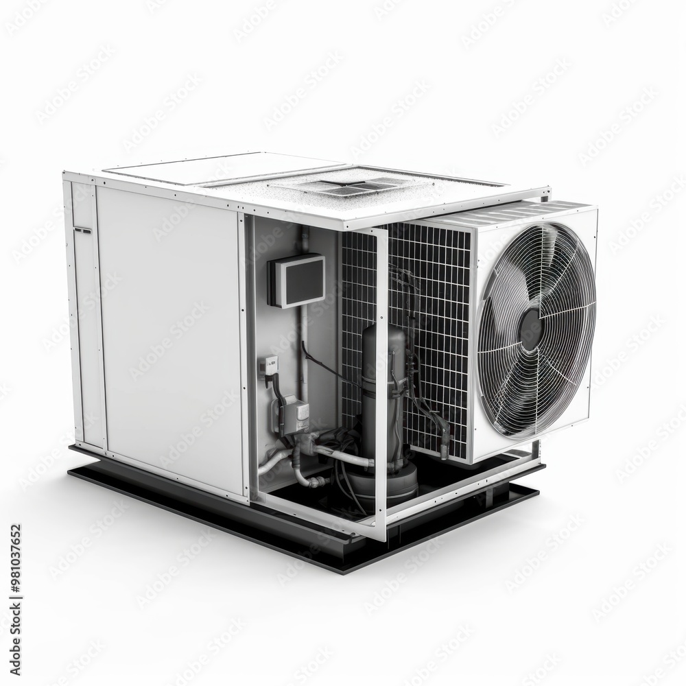 High-Efficiency HVAC System: Modern air conditioning unit with exposed components on white background High-Efficiency HVAC System: Modern air conditioning unit with exposed components on white background